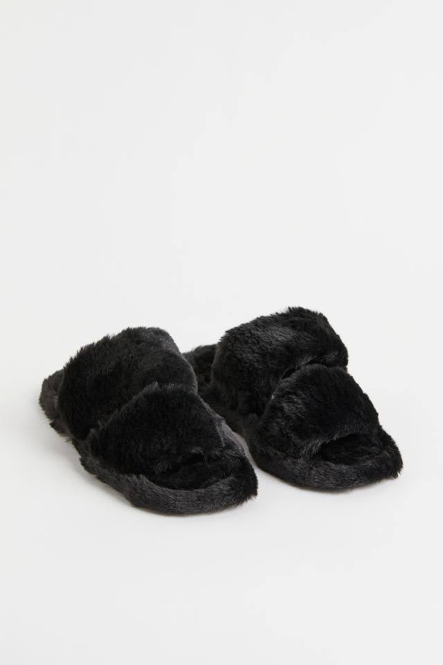 H&M Faux Fur Black Slippers