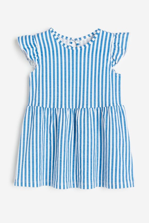 H&M Flounce-Trimmed Jersey Dress Blue/Striped